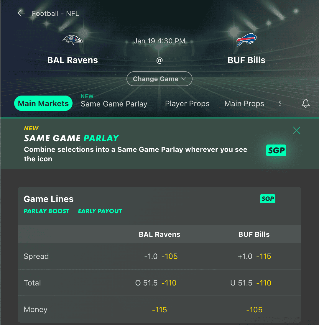 Baltimore Ravens vs. Buffalo Bills NFL Divisional Round line from Bet365.